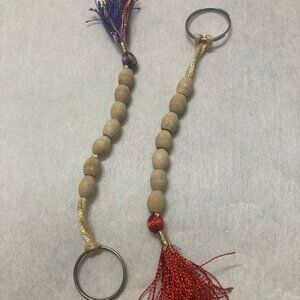 Lot of 2 Short Wooden Beaded Keyring Handmade Tan Beaded Keychain New keyholder